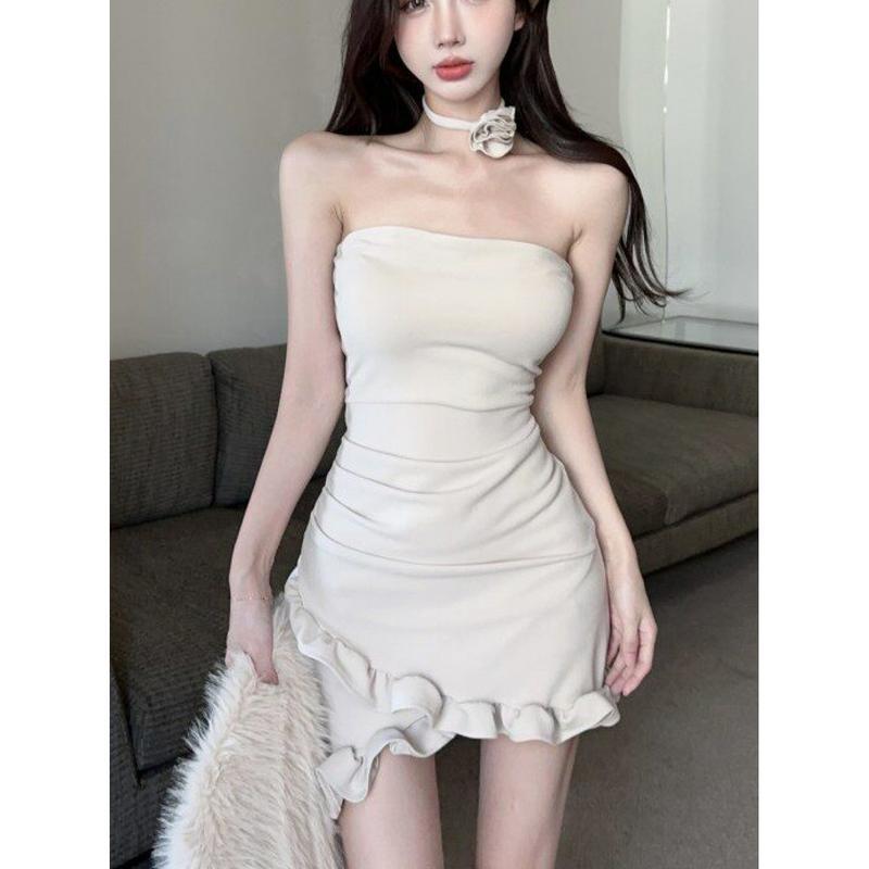 ベアトップ ワンピース ミニ ドレス セクシー ボディコン タイト 裾 