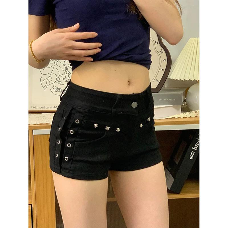 ショートパンツ レディース 黒 スタッズ ハトメ デニム ホットパンツ