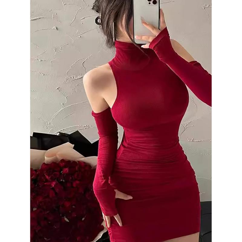 ミニワンピース セクシー タイト レディース ハイネック アーム