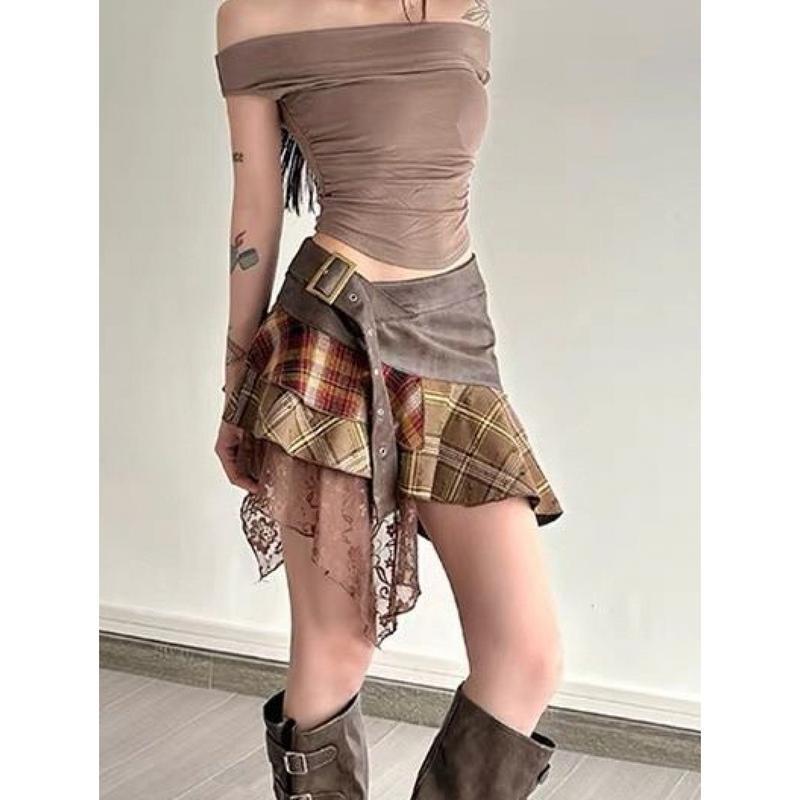 ミニスカート レディース アシンメトリー チェックスカート レザー