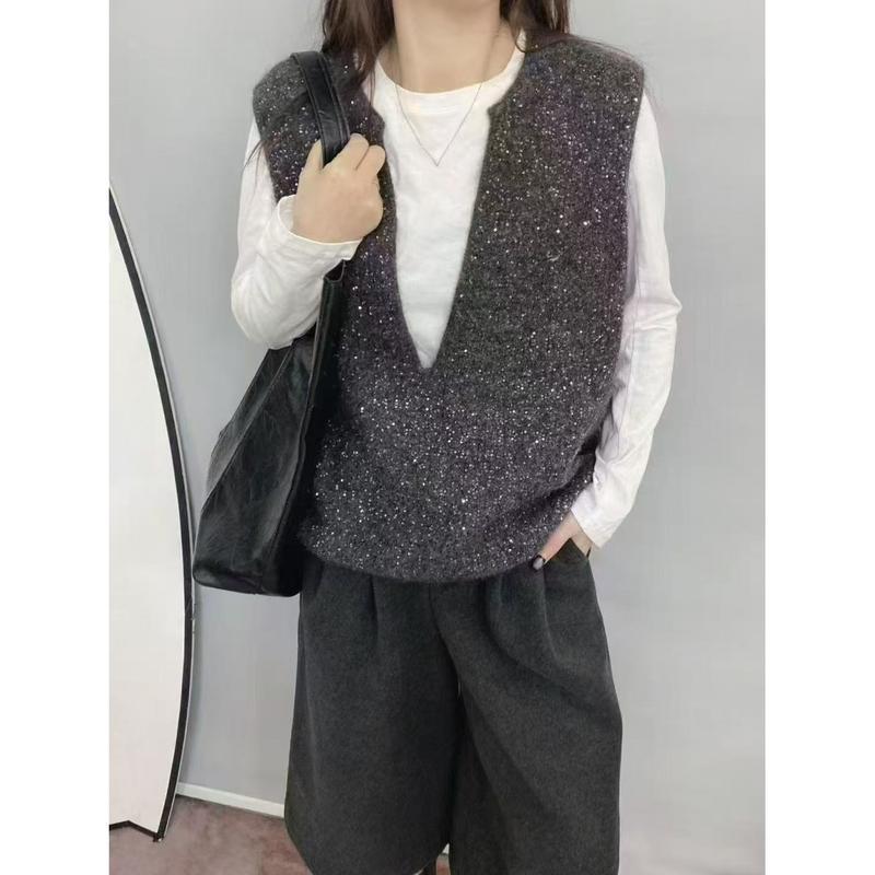 ニットベスト レディース 深Vネック ラメ入り キラキラ ジレ トップス