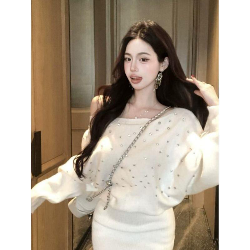 Super Beauty❣️キラキラビジューニット長袖ワンピース　新品未使用 ニットワンピース オフショルダー ビジュー ミニ丈 タイト キラキラ