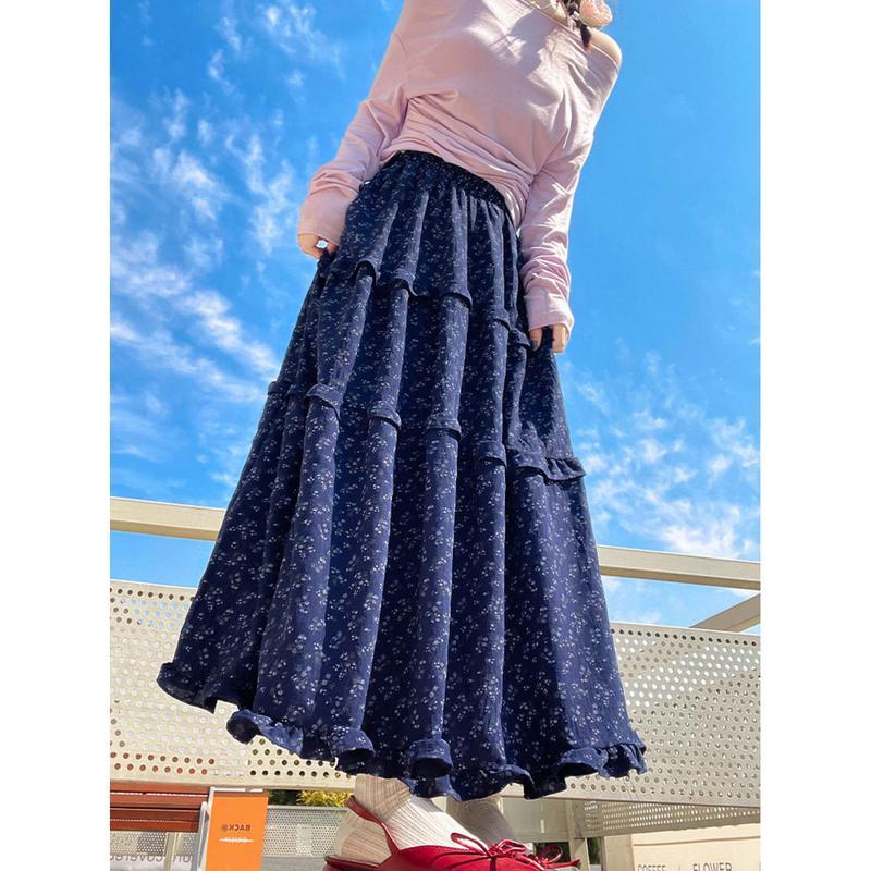 ロングスカート ティアード 小花柄 レディース ウエストゴム フリル