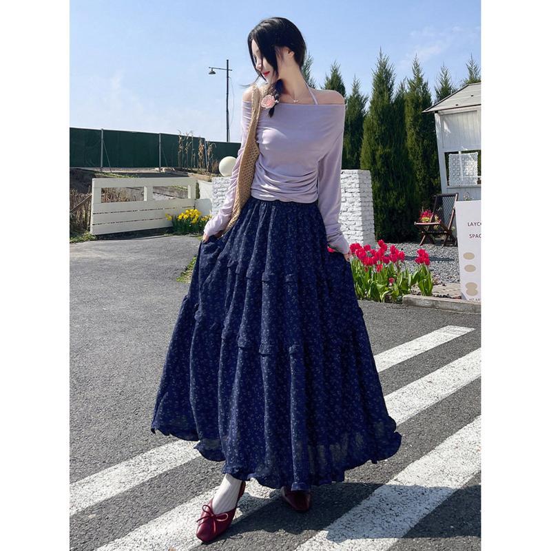 ロングスカート ティアード 小花柄 レディース ウエストゴム フリル