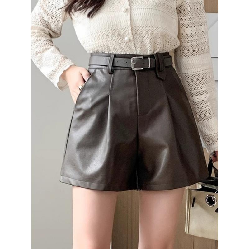 レザーショートパンツ レディース ハイウエスト Aライン ベルト付き