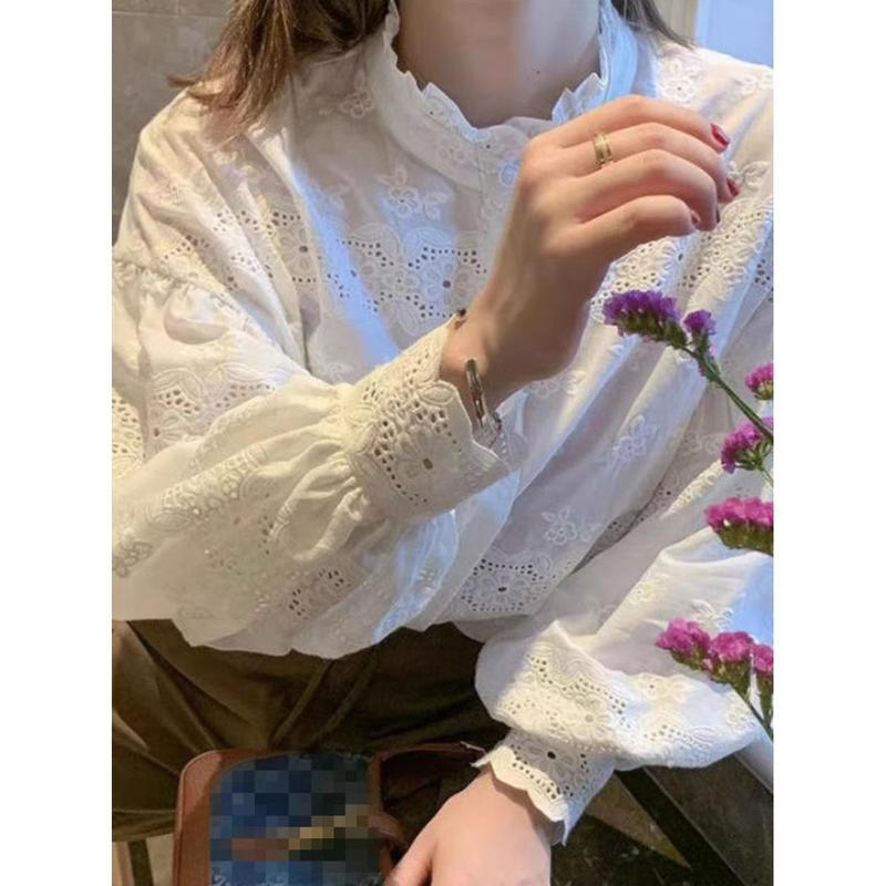 ブラウス レディース 長袖 レース 刺繍 フリルネック 大人可愛い