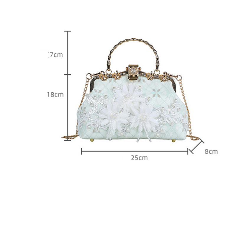 手持ちバッグ 立体花 白 真珠 パールチェイン がま口 結婚式 刺繍 和風