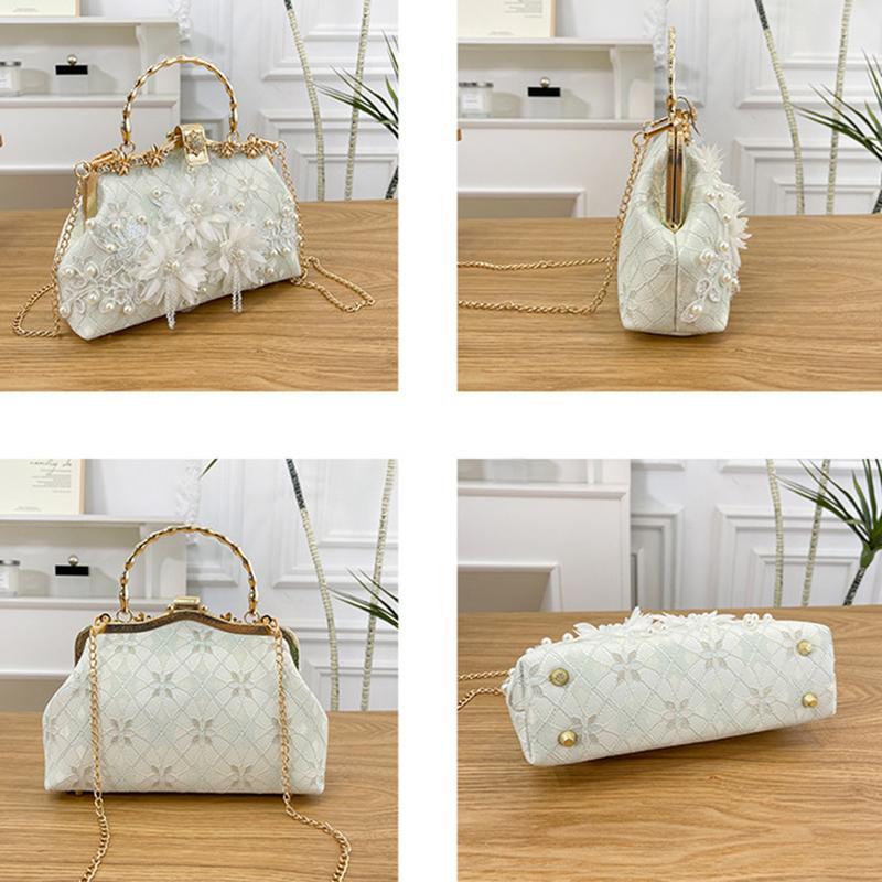 手持ちバッグ 立体花 白 真珠 パールチェイン がま口 結婚式 刺繍 和風