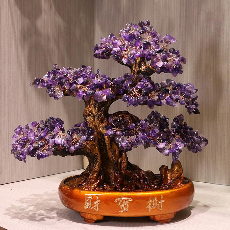 水晶 天然アメジスト 天然石 招財樹 金のなる木 ヤナギ 財福の樹 開運グッズ 風水 財運 運気改善 人間関係 財源集め 繁栄 癒し 置物