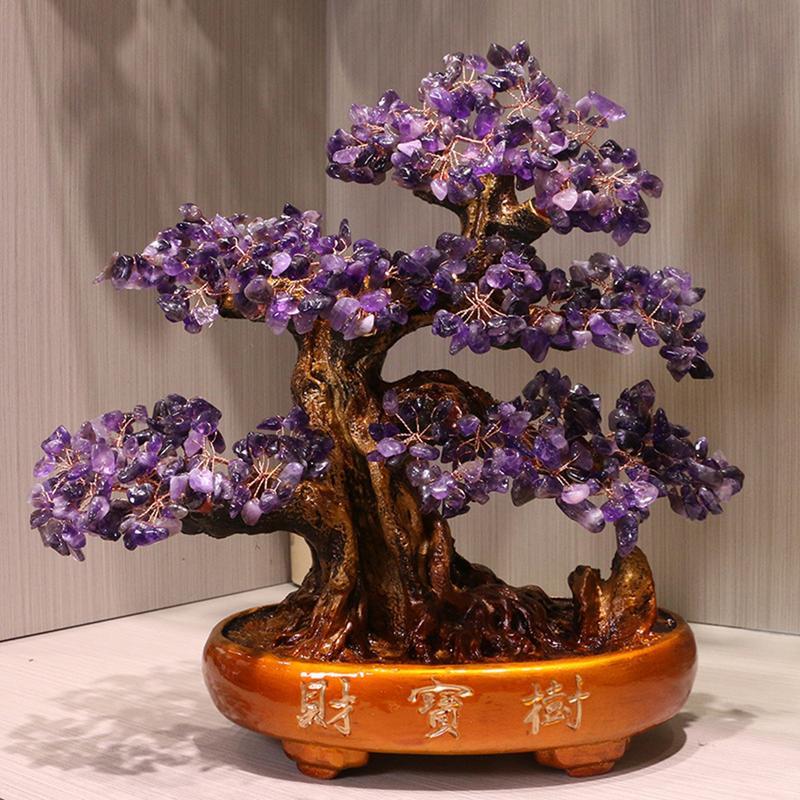 水晶 天然アメジスト 天然石 招財樹 金のなる木 ヤナギ 財福の樹 開運グッズ 風水 財運 運気改善 人間関係 財源集め 繁栄 癒し 置物