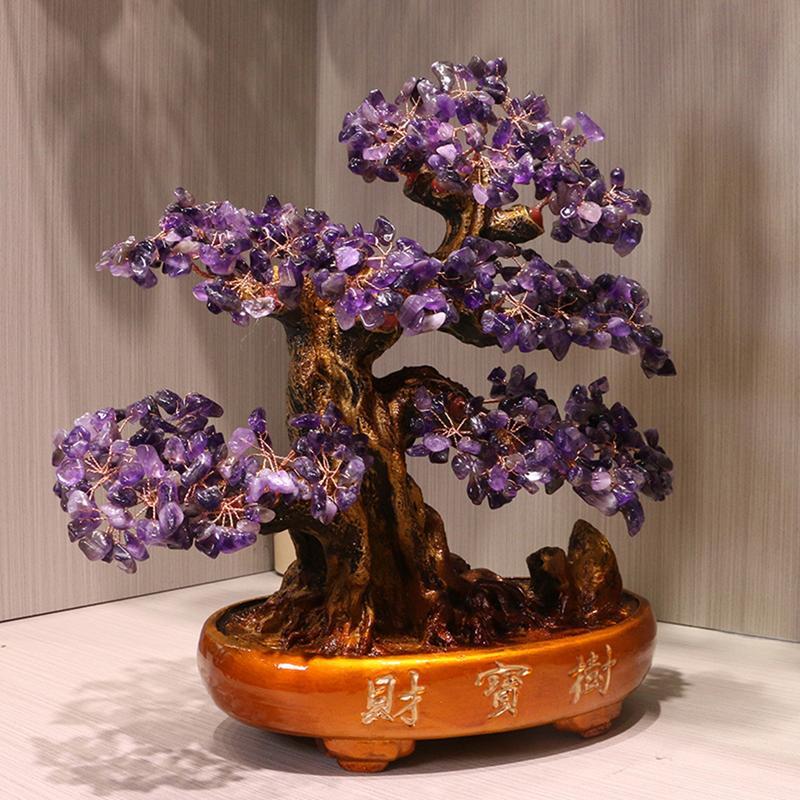 水晶 天然アメジスト 天然石 招財樹 金のなる木 ヤナギ 財福の樹 開運グッズ 風水 財運 運気改善 人間関係 財源集め 繁栄 癒し 置物