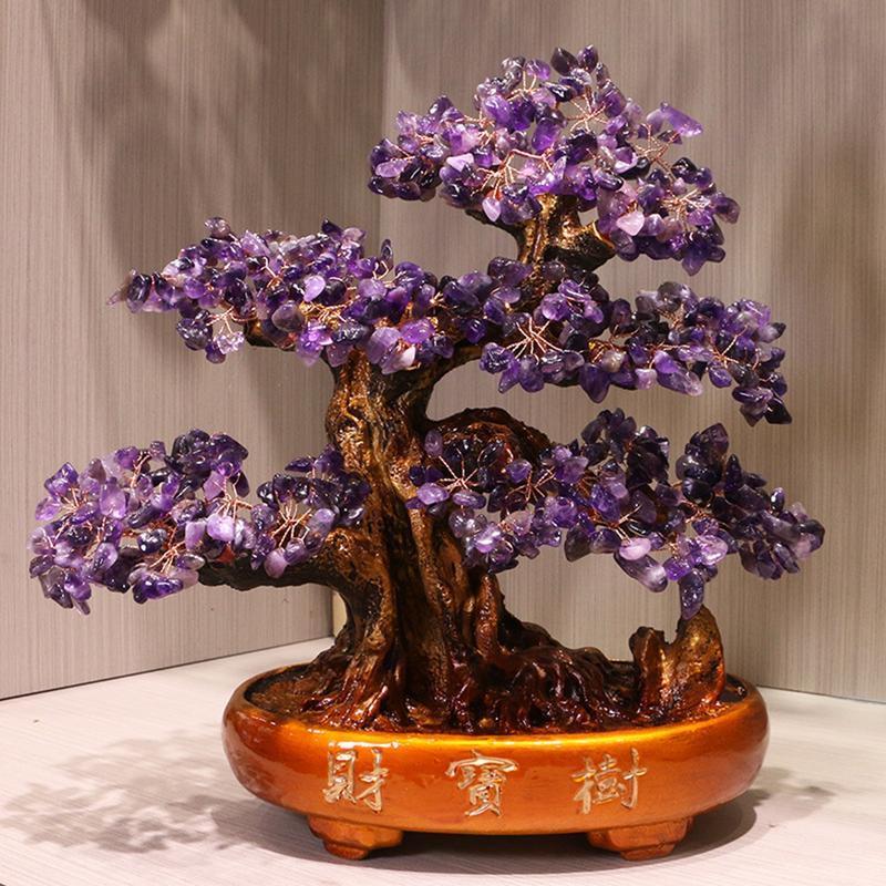 水晶 天然アメジスト 天然石 招財樹 金のなる木 ヤナギ 財福の樹 開運グッズ 風水 財運 運気改善 人間関係 財源集め 繁栄 癒し 置物
