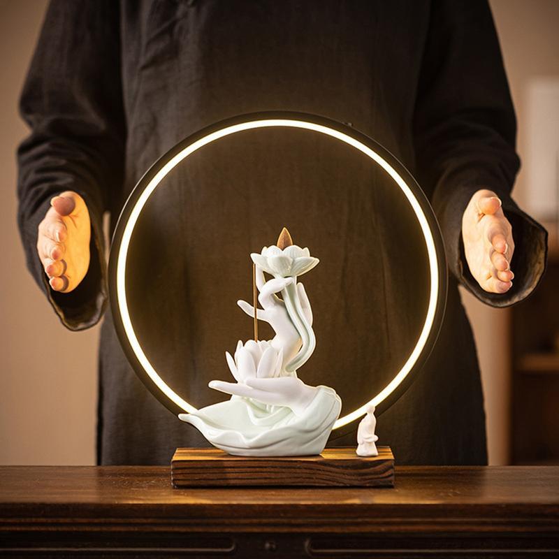 逆流香 佛手蓮の花 LED ライト付き 香炉 白磁 木製台座 逆流香炉 倒流