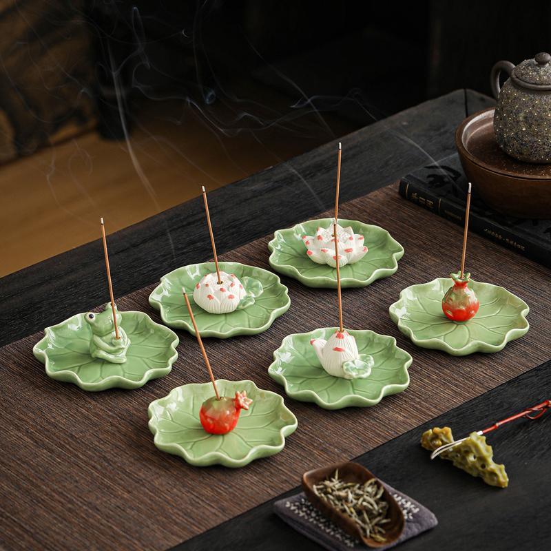 香炉 お香立て お線香立て セラミック 蓮の花と蓮の葉 かわいい
