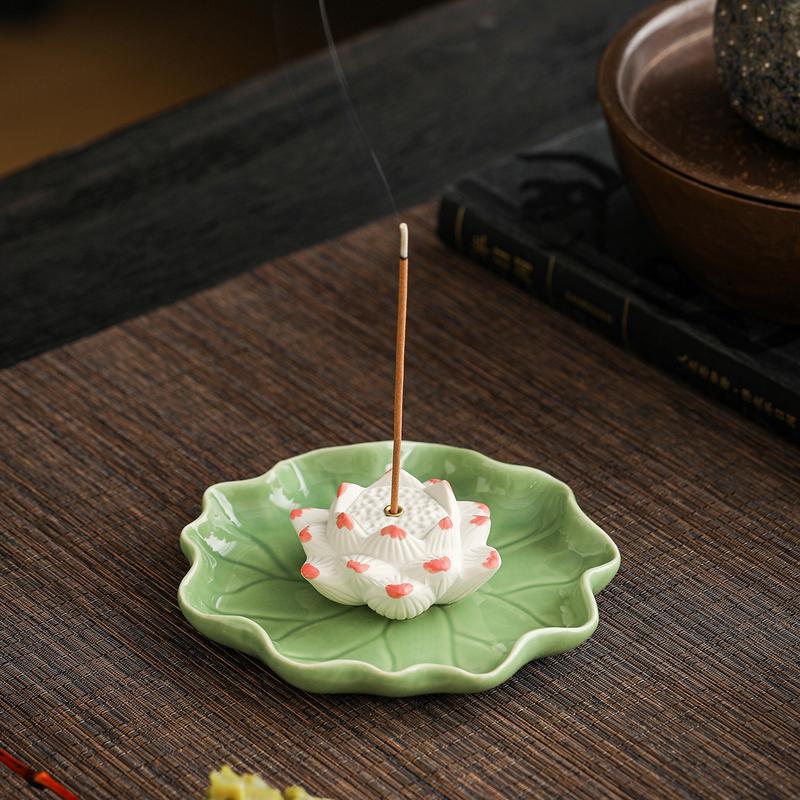 香炉 お香立て お線香立て セラミック 蓮の花と蓮の葉 かわいい