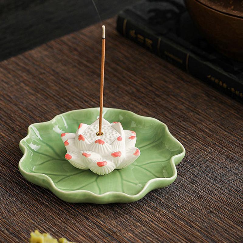 香炉 お香立て お線香立て セラミック 蓮の花と蓮の葉 かわいい