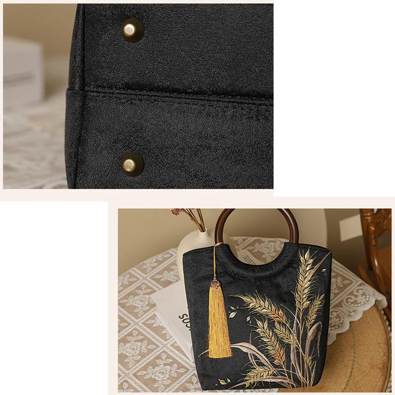 クラッチバック 刺繍 結婚式 黒 ブラック 着物 パーティー 丸型 ゴールド パーティーバッグ 黒金 小麦柄 円形手提げ 竹手提げ ブラック 大容量