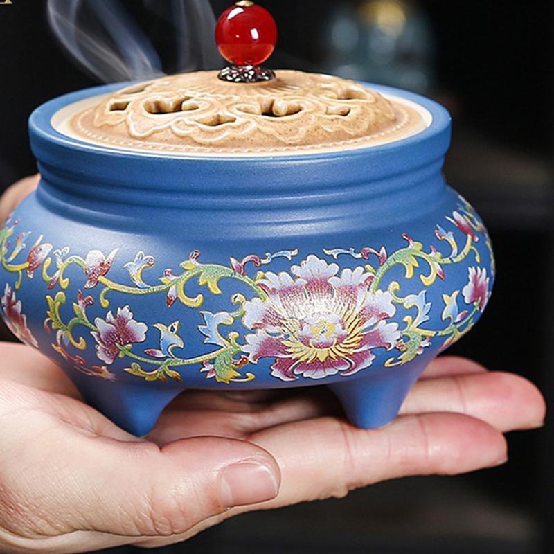 青い陶器の香炉 蓋付き 青い陶器の香炉 蓋付き 香炉 香立て おこうたて 三脚炉 線香立て 聞