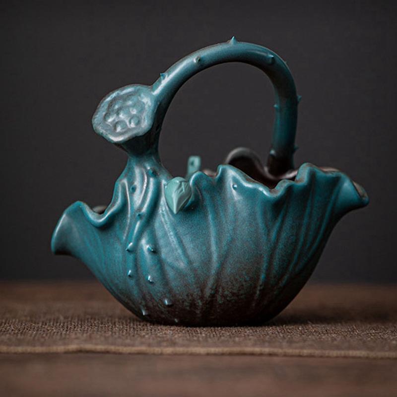 陶器製香炉 取っ手付き 香炉 陶器製 仏具 蓮の花の香炉 提げ手付き香炉 お香たて おしゃれ