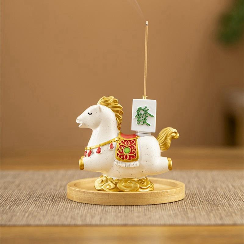 香炉 線香立て 馬 かわいい 縁起物 仏具 木製トレー付き 金袋 開運