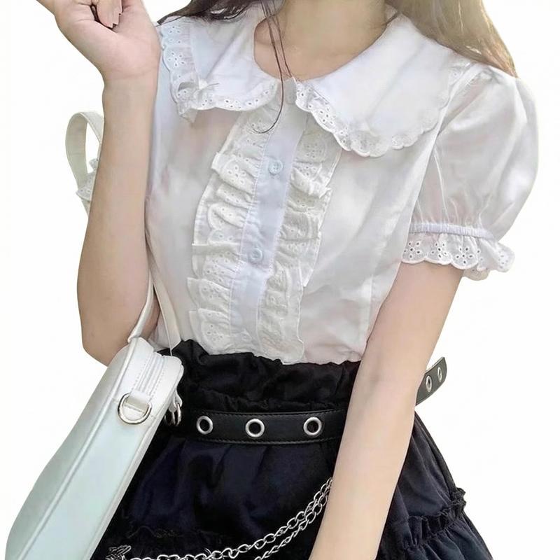 ブラウス レディース 半袖 丸襟 フリル レース パフスリーブ ガーリー