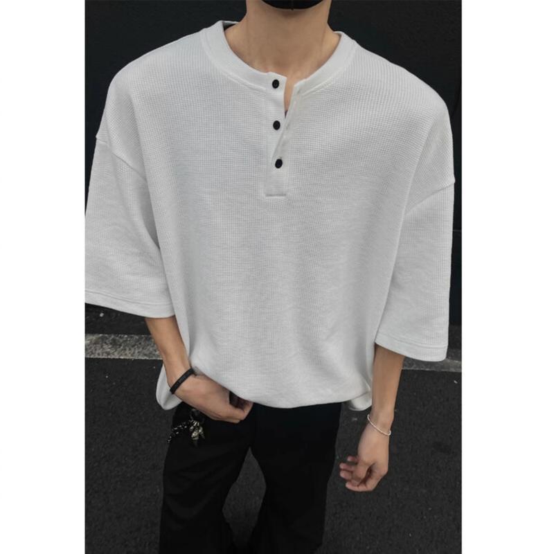 ヘンリーネック Tシャツ メンズ 五分袖 ワッフル トップス 無地