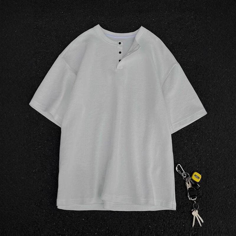 ヘンリーネック Tシャツ メンズ 五分袖 ワッフル トップス 無地