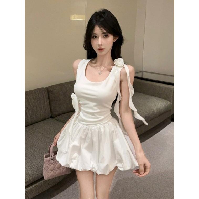 ミニワンピース レディース フレンチ風 オトナ可愛い フラワー ストラップ バルーンスカート パーティ ドレス 夏物 タンクワンピース