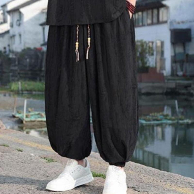 メンズ セットアップ 上下セット 亜麻感 和風 サルエルパンツ ワイド