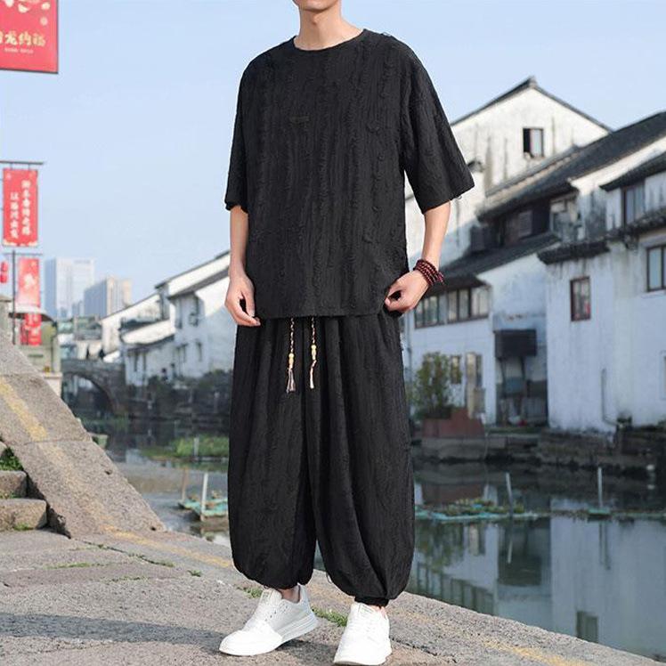 メンズ セットアップ 上下セット 亜麻感 和風 サルエルパンツ ワイド