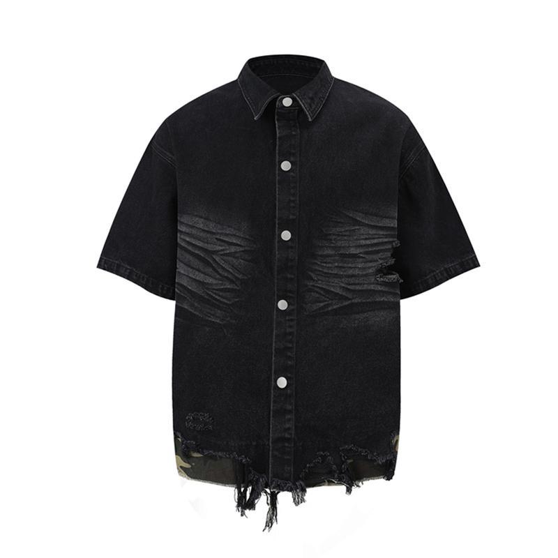 DOLCE&GABBANA ダメージ加工 ブラックデニム ウエスタンシャツy2k デニムシャツ メンズ 半袖 ダメージ加工 ビッグシルエット ストリート