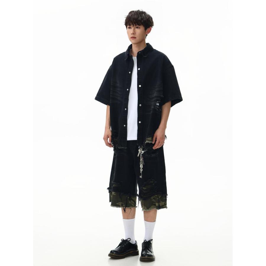 デニムシャツ メンズ 半袖 ダメージ加工 ビッグシルエット ストリート 