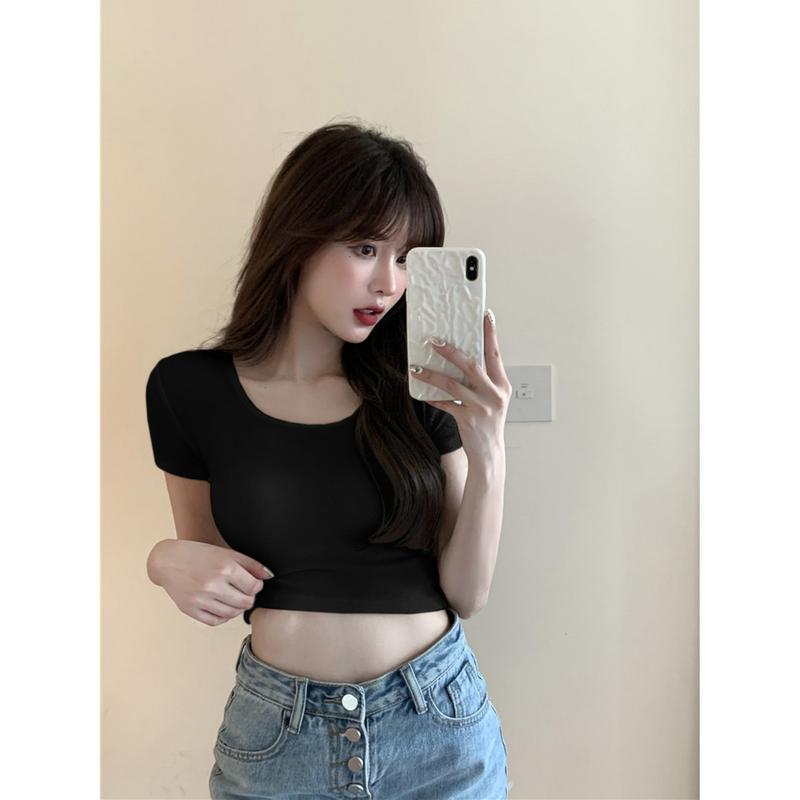 Tシャツ レディース 半袖 ショート丈 クロップド丈 へそ出し タイト