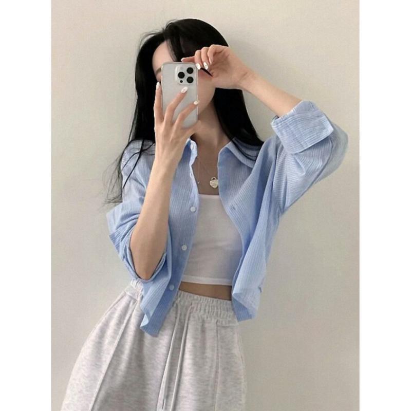シャツ ブラウス レディース ストライプ柄 ショート丈 トップス 
