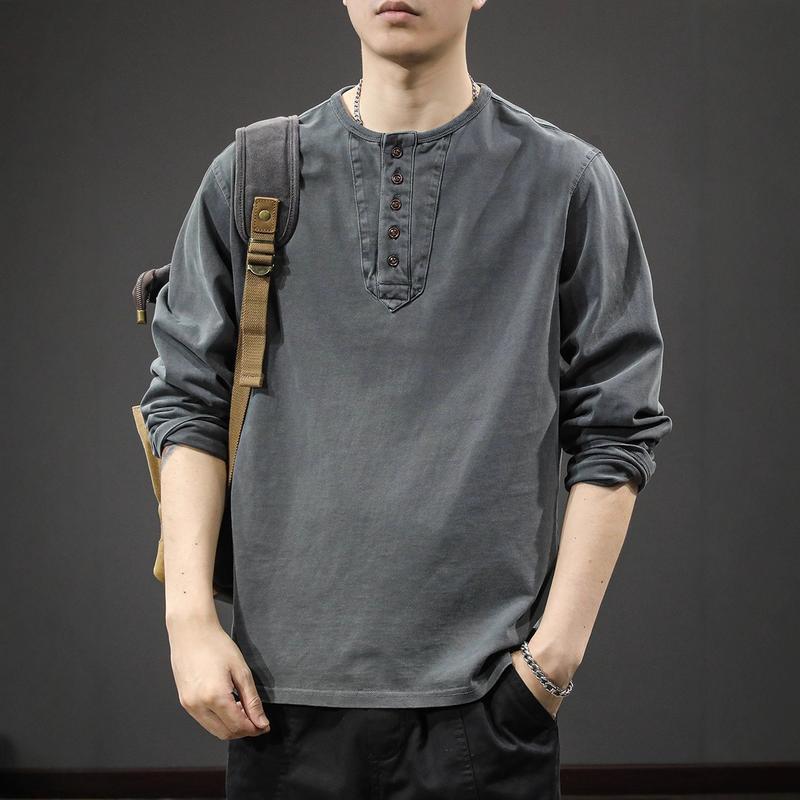 ヘンリーネック Tシャツ メンズ 長袖 ロングtシャツ 厚手 綿100