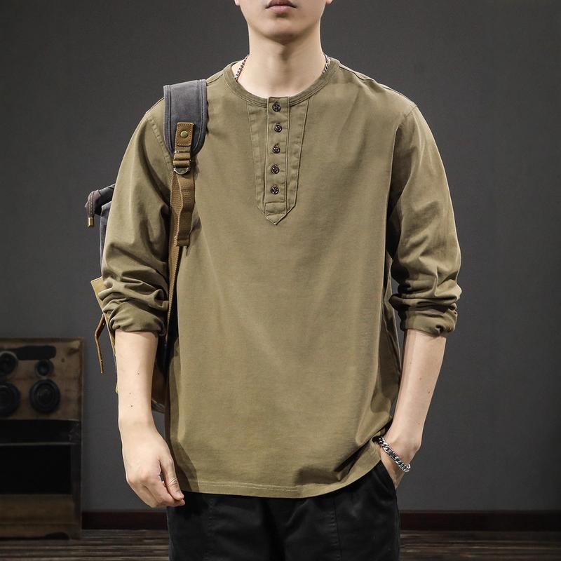 ヘンリーネック Tシャツ メンズ 長袖 ロングtシャツ 厚手 綿100
