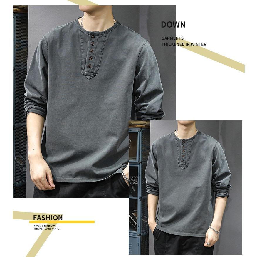 ヘンリーネック Tシャツ メンズ 長袖 ロングtシャツ 厚手 綿100