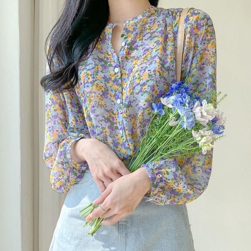 ブラウス レディース 花柄 バンドカラー シフォン シャツ 長袖 小花柄 