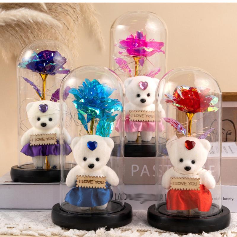 プリザーブドフラワー 永遠の花 ガラスドーム バラ 熊 11*21cm
