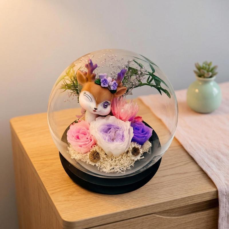 プリザーブドフラワー ガラスドーム 永遠の花 トナカイとバラ
