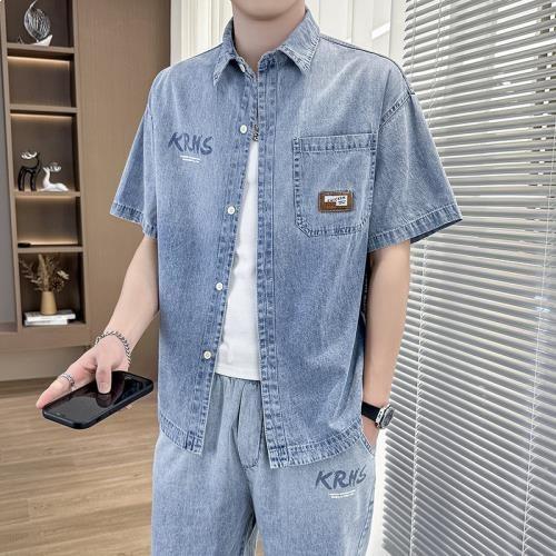 デニム セットアップ メンズ 上下セット 半袖 シャツ ハーフパンツ