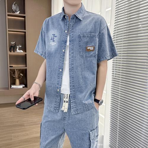 デニム セットアップ メンズ 上下セット 半袖 シャツ ハーフパンツ
