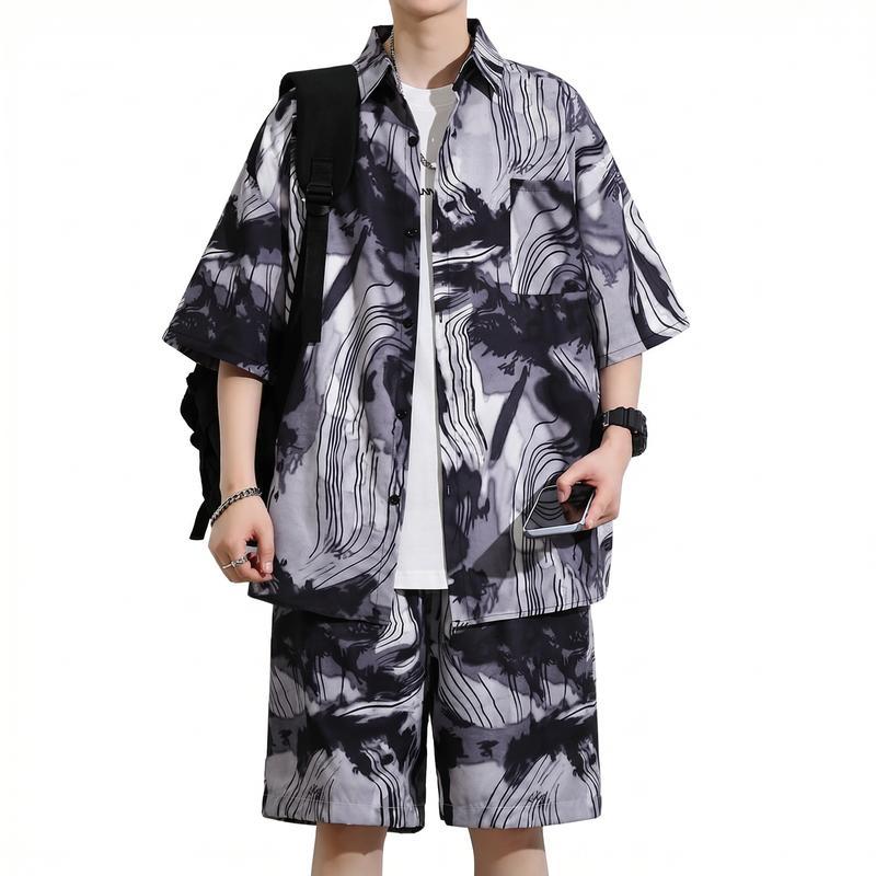 セットアップ メンズ 上下セット 半袖 総柄シャツ ハーフパンツ ビッグ