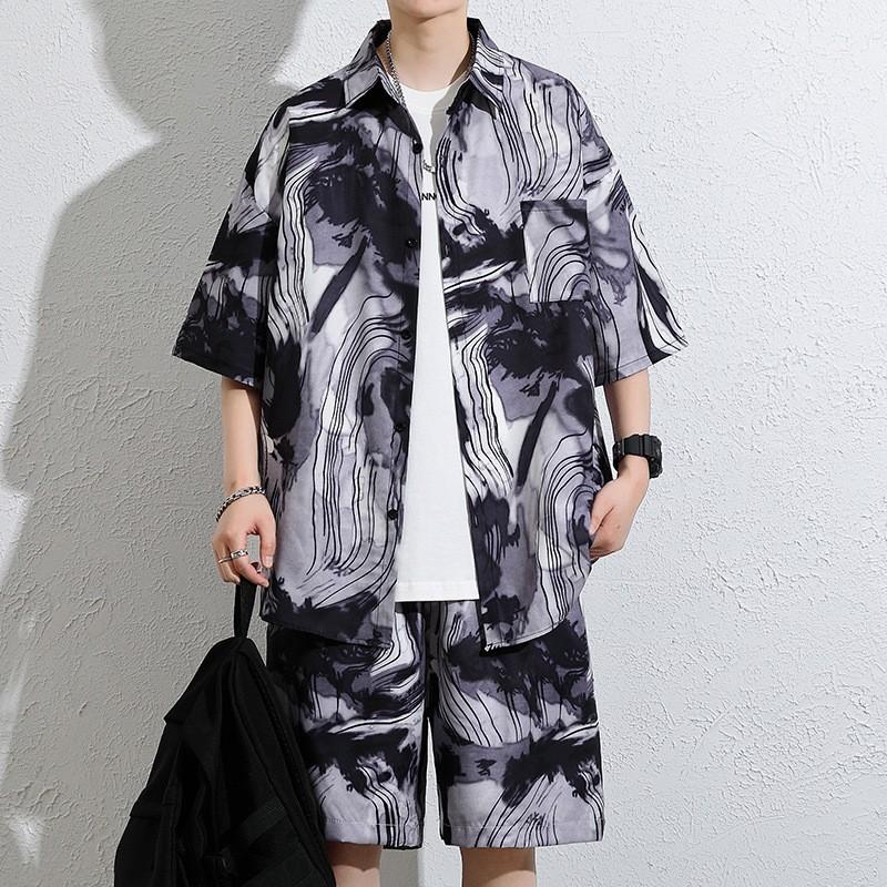 セットアップ メンズ 上下セット 半袖 総柄シャツ ハーフパンツ ビッグ