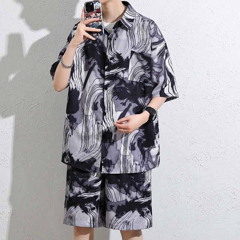 セットアップ メンズ 上下セット 半袖 総柄シャツ ハーフパンツ ビッグ