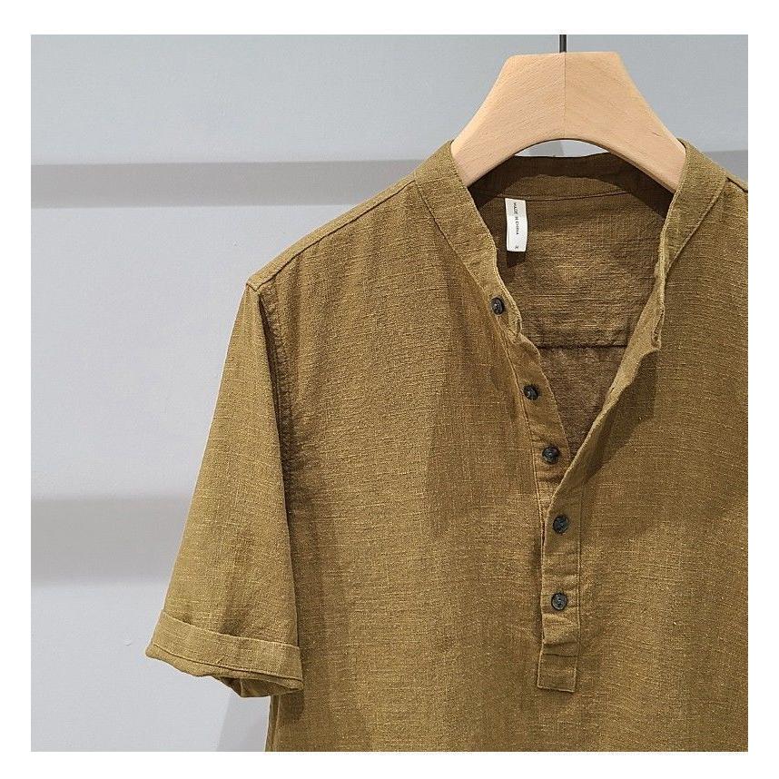 RRL リペア ヘンリーネック バンドカラーシャツ 麻 リネン XS リネンシャツ メンズ 半袖 ヘンリーネック バンドカラー カジュアル