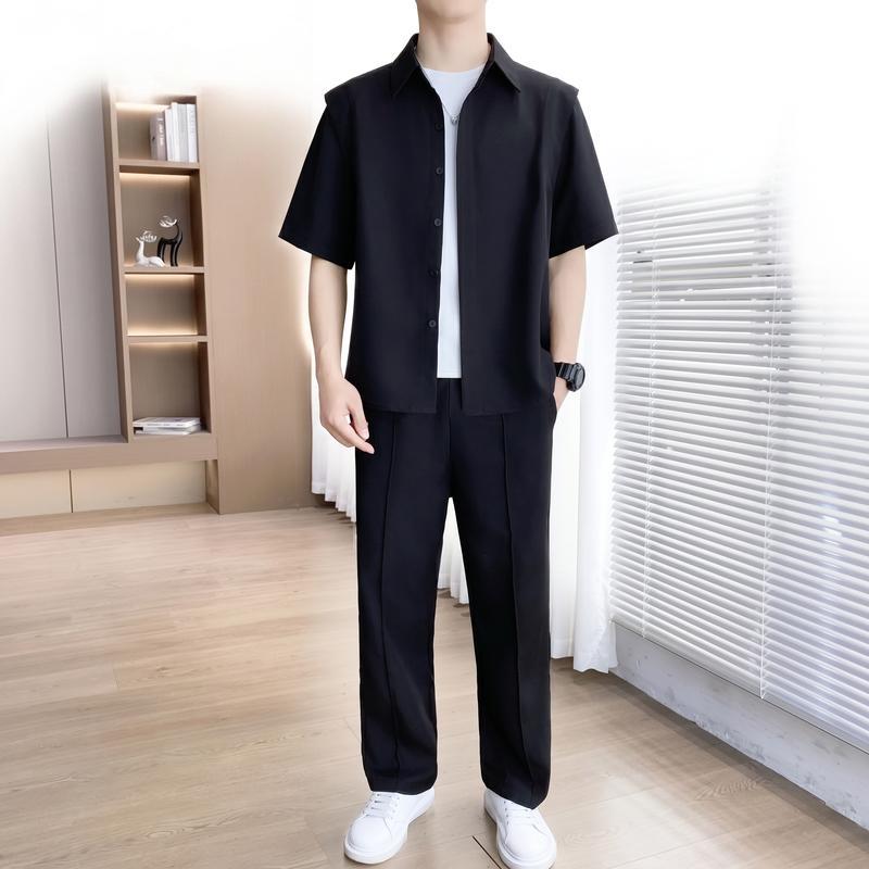 セットアップ メンズ 上下セット 半袖 シャツ ロングパンツ 襟付き