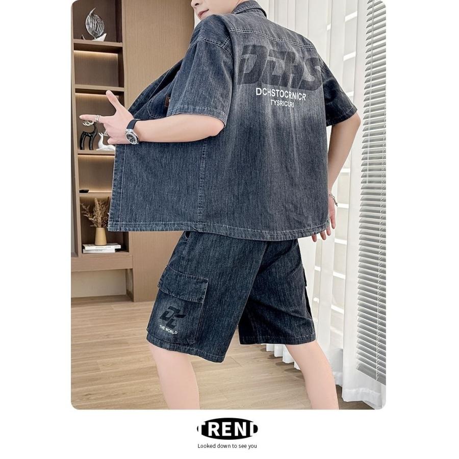 デニム セットアップ メンズ 上下セット 半袖シャツ ハーフパンツ