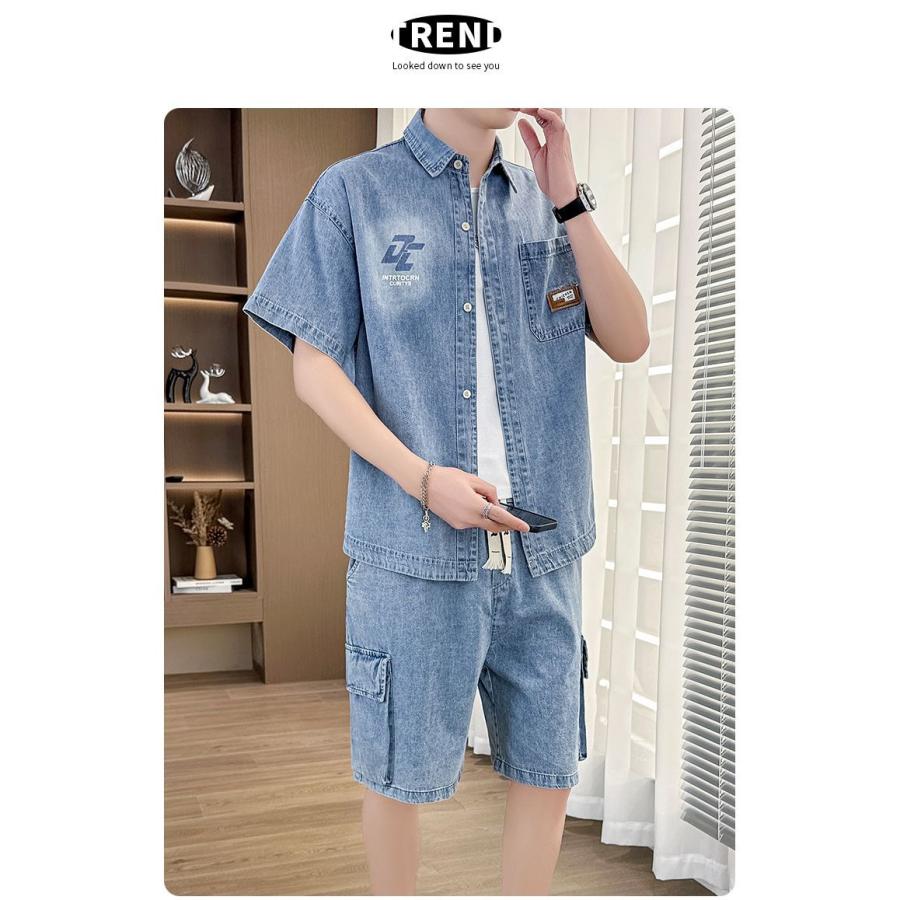デニム セットアップ メンズ 上下セット 半袖シャツ ハーフパンツ
