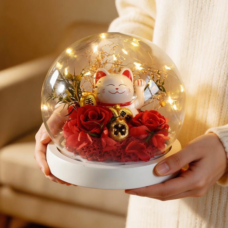 プリザーブドフラワー 永遠の花 ガラスドーム 赤いバラ 招き猫